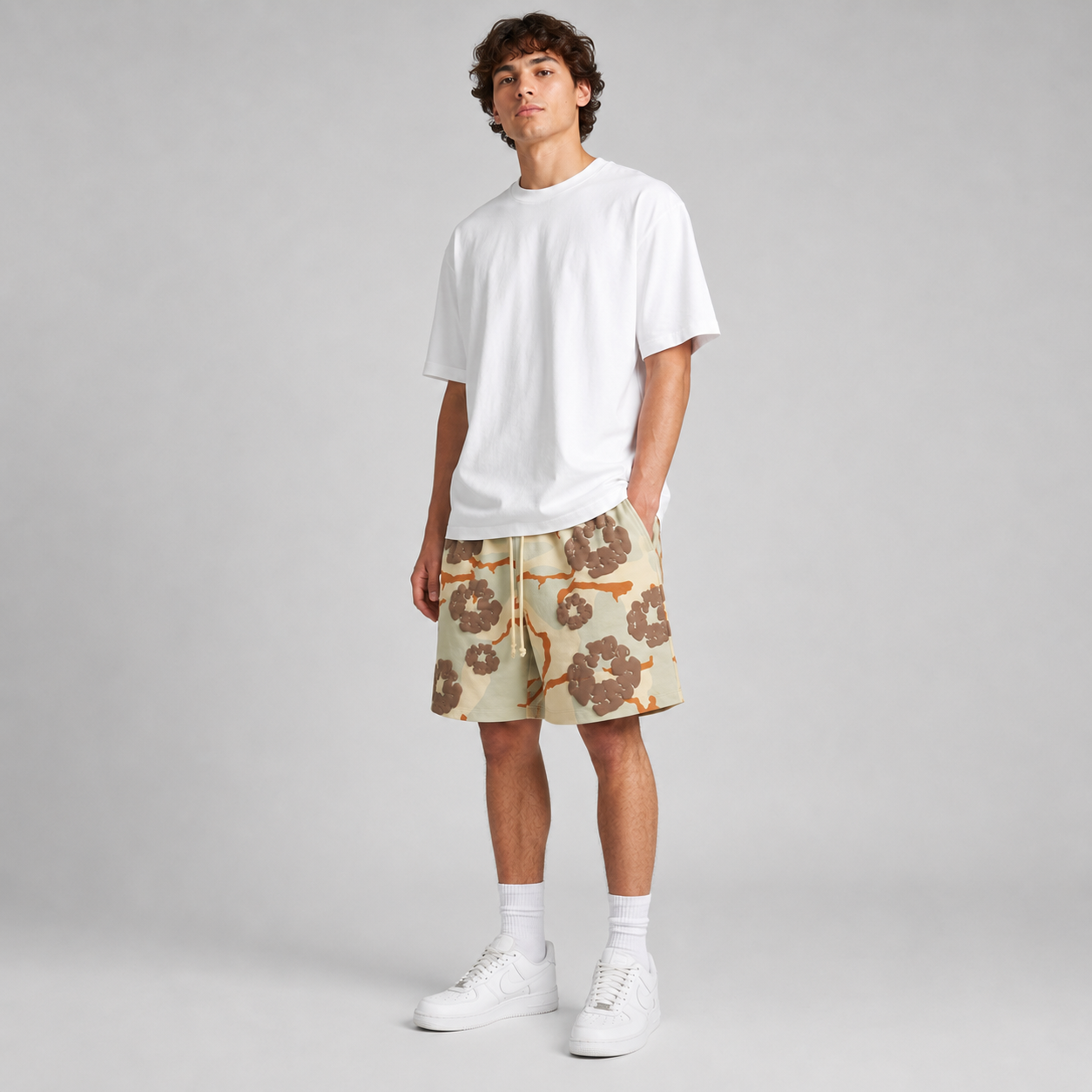 Tan Brown Camo Graphic mesh shorts - close-up view