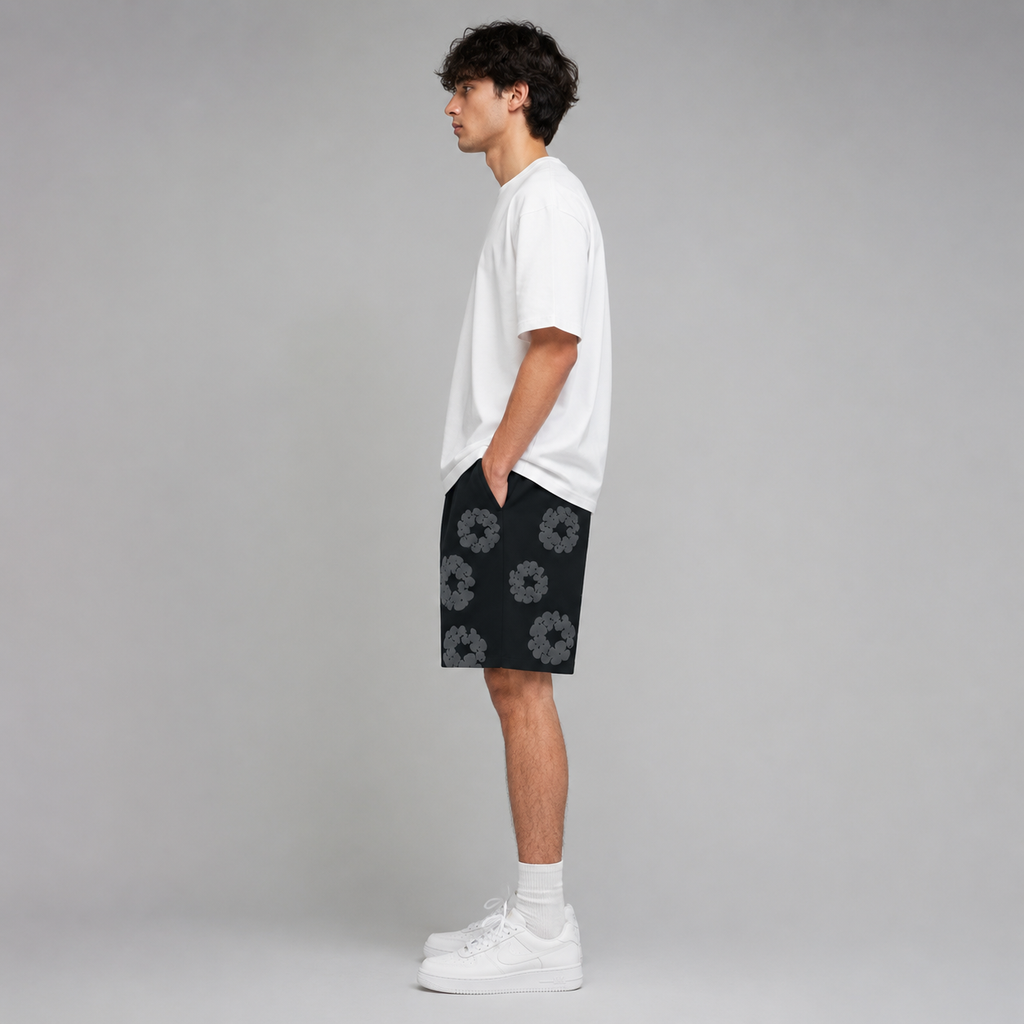 Black Grey Tonal Puff Floral men's mesh shorts - side view
