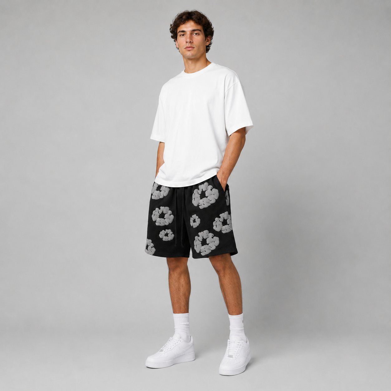 Black Grey Puff Floral mesh shorts - close-up view