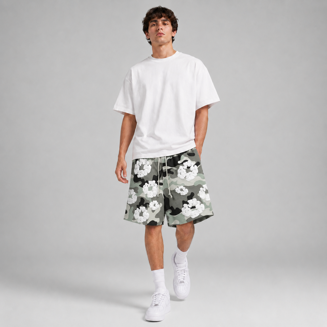 Grey Camo White Floral mesh shorts - walking view