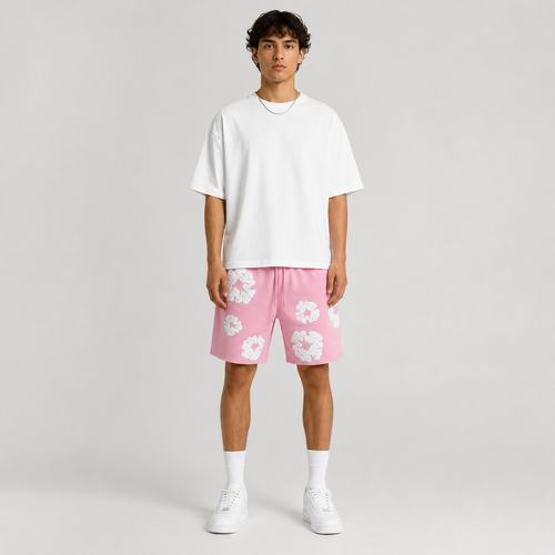 Pink White Puff Floral men's mesh shorts - front view