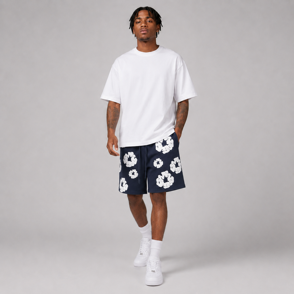 Navy White Puff Floral mesh shorts - close-up view