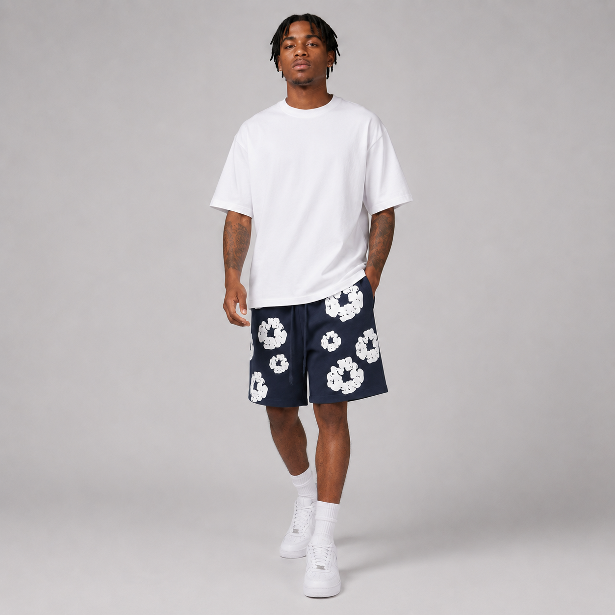Navy White Puff Floral mesh shorts - close-up view