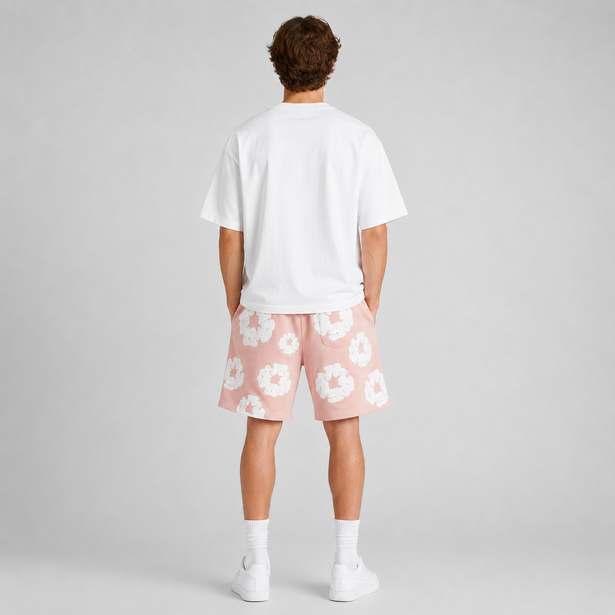 Peach Camo Black Floral mesh shorts - side view