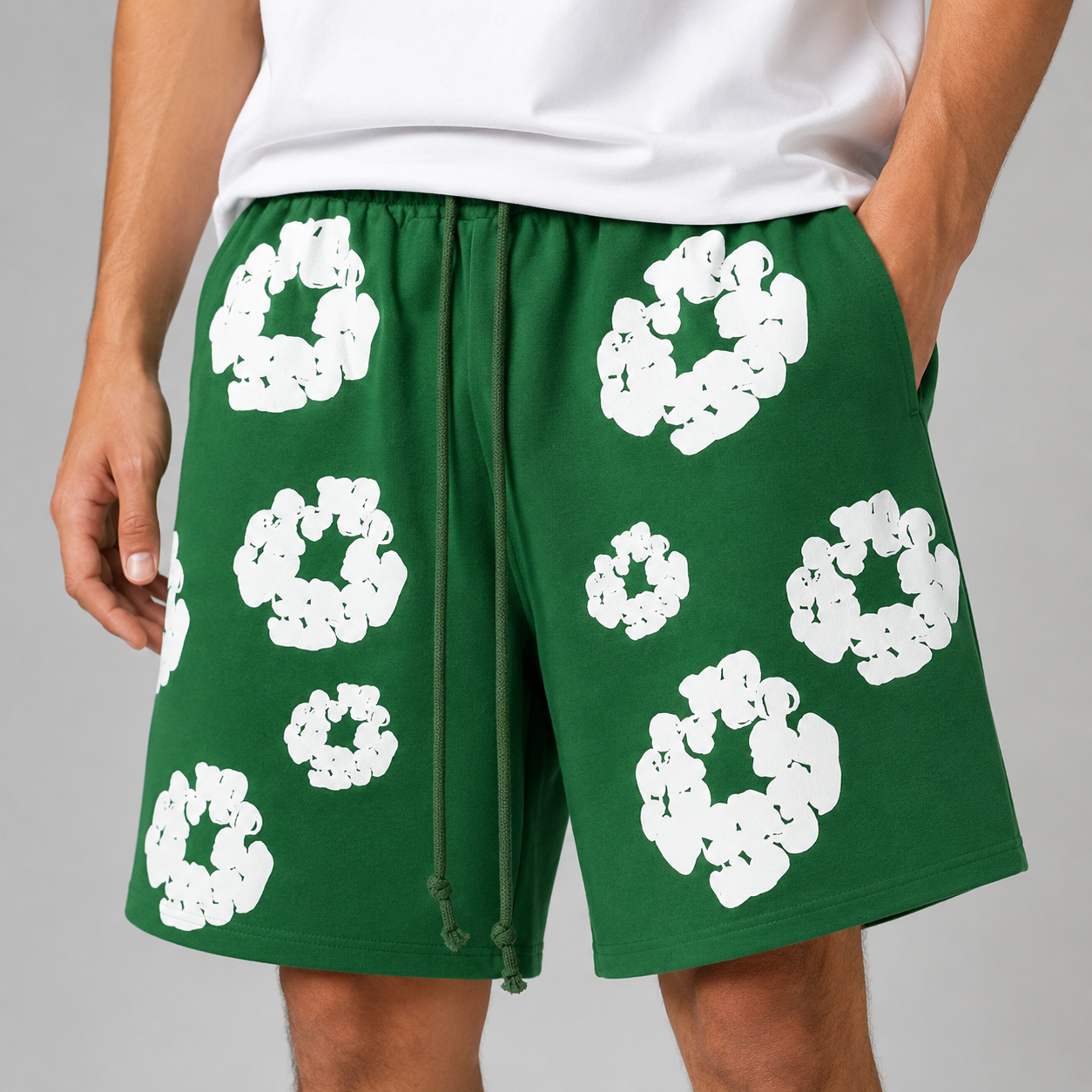 Forest Green White Floral mesh shorts - close-up view