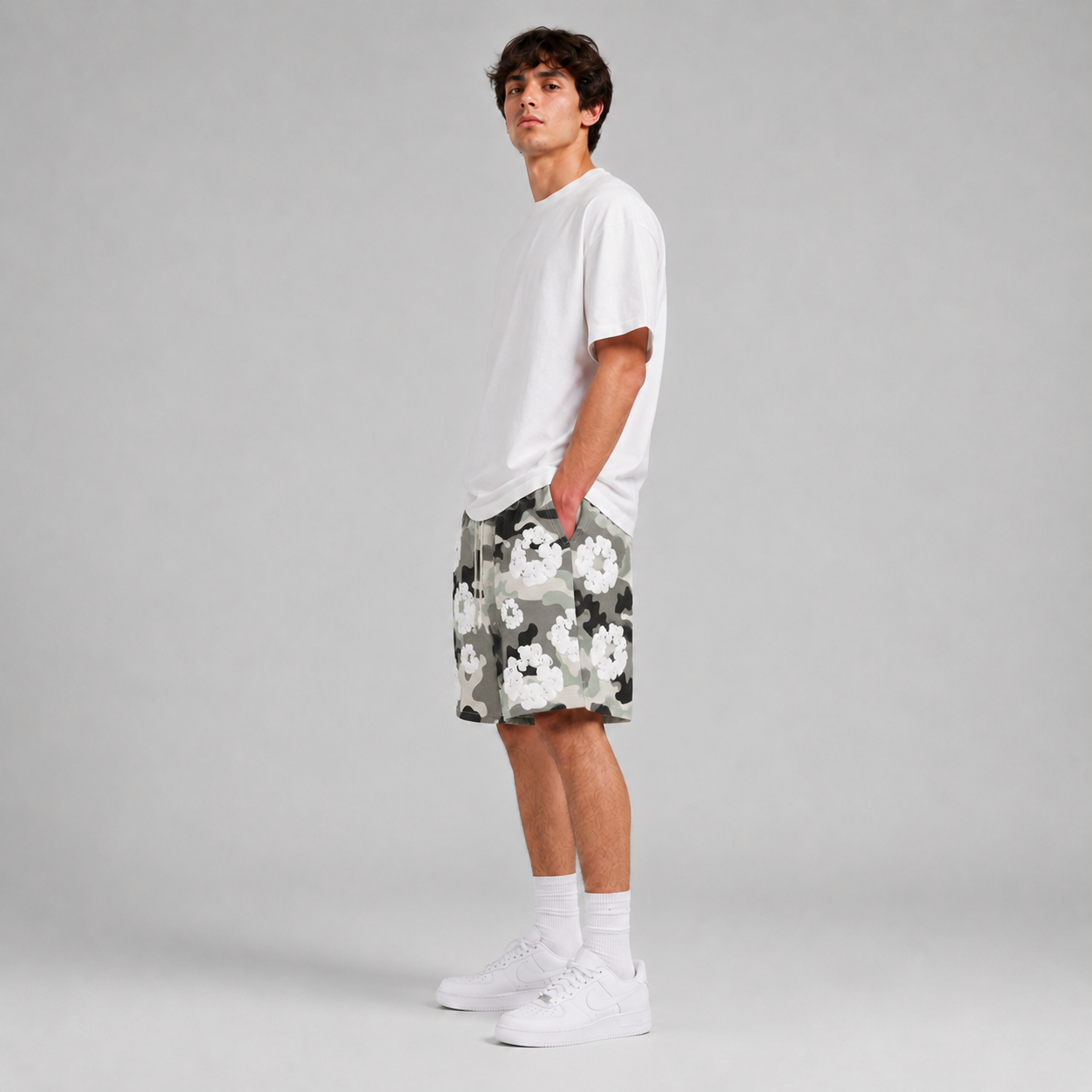 Grey Camo White Floral mesh shorts - side view