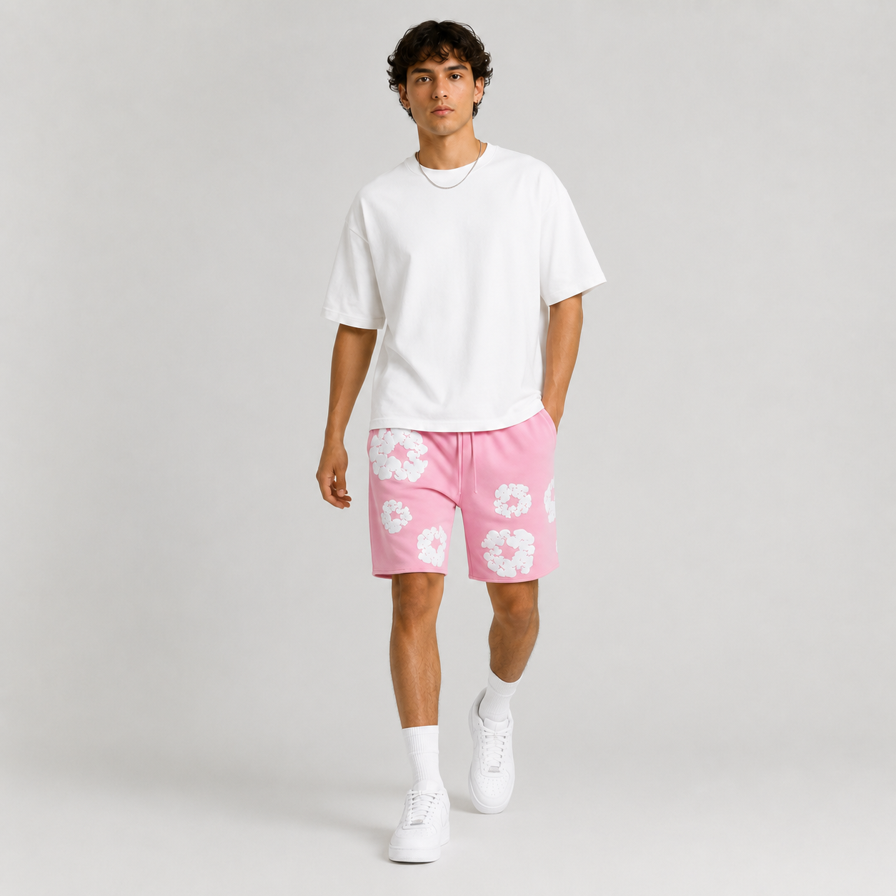 Pink White Puff Floral men's mesh shorts - walking view