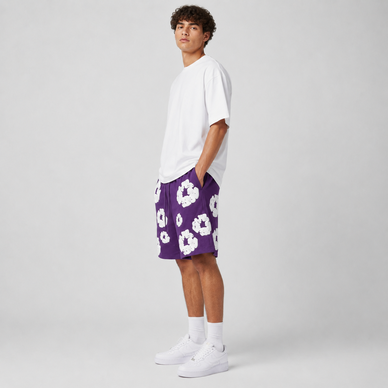 Purple White Floral mesh shorts - side view