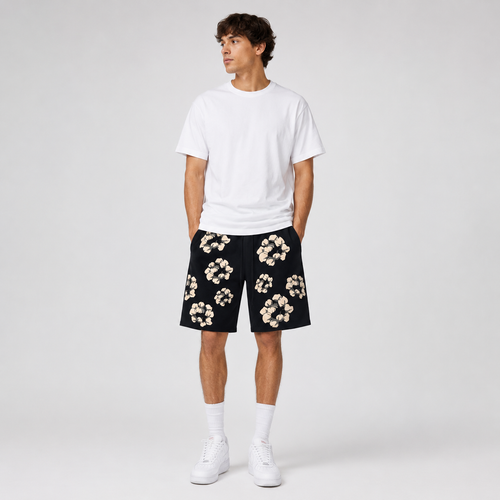 Black Cream Floral mesh shorts - front view