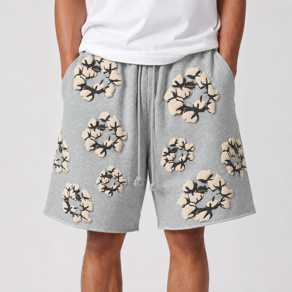 Heather Grey Cream Floral mesh shorts - close-up view