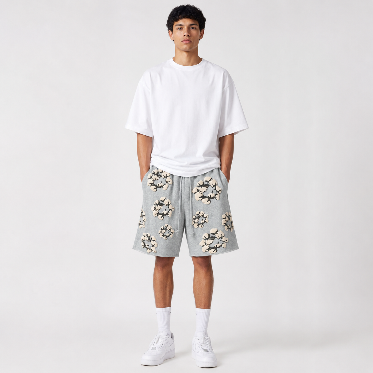 Heather Grey Cream Floral mesh shorts - front view