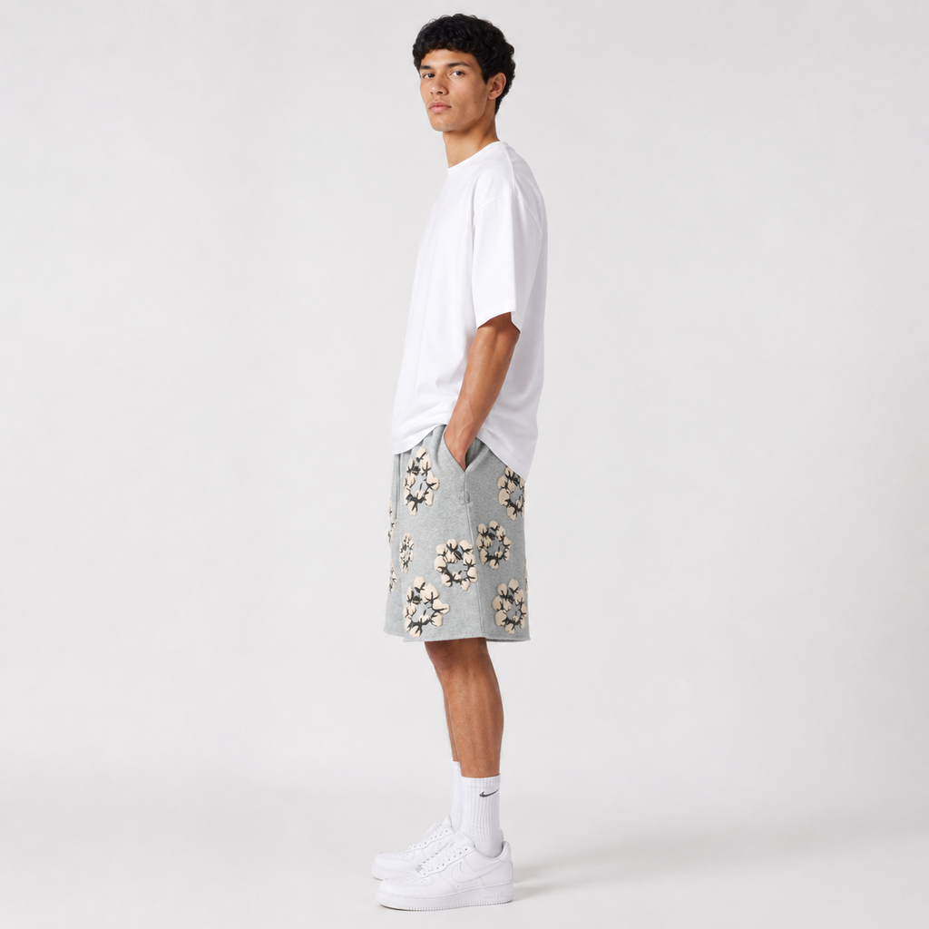 Heather Grey Cream Floral mesh shorts - side view