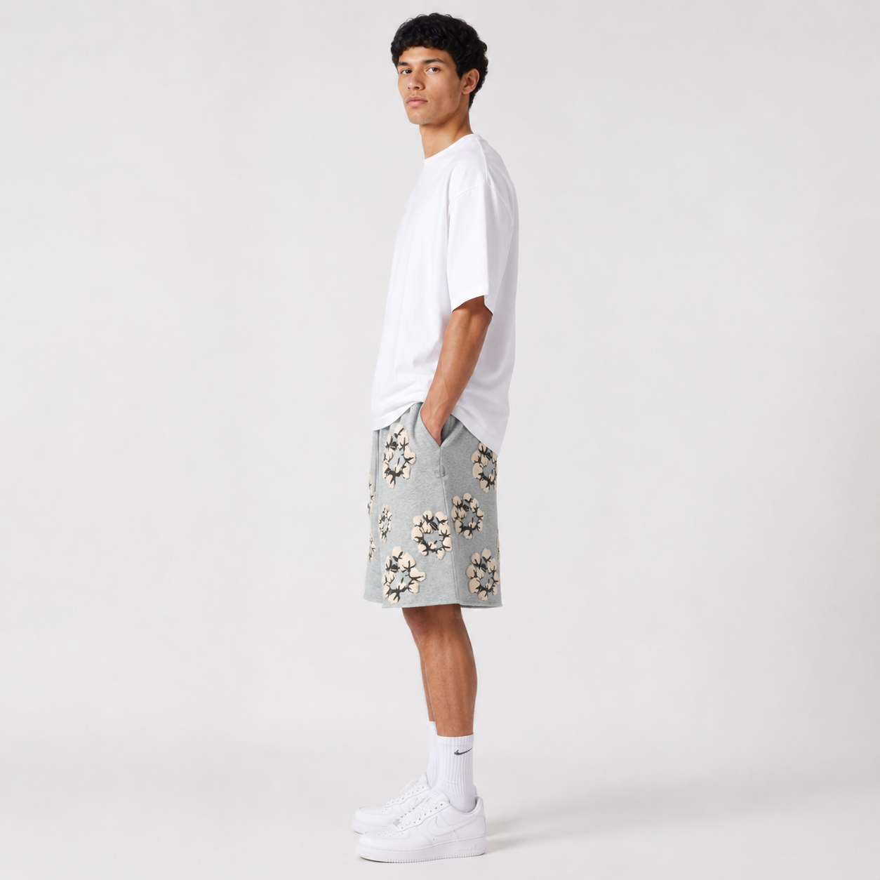 Heather Grey Cream Floral mesh shorts - side view