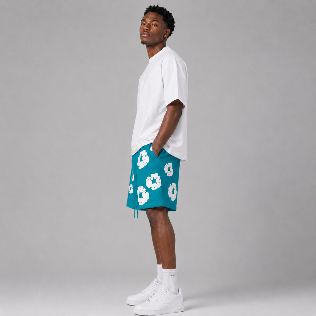 Teal White Puff Floral mesh shorts - side view