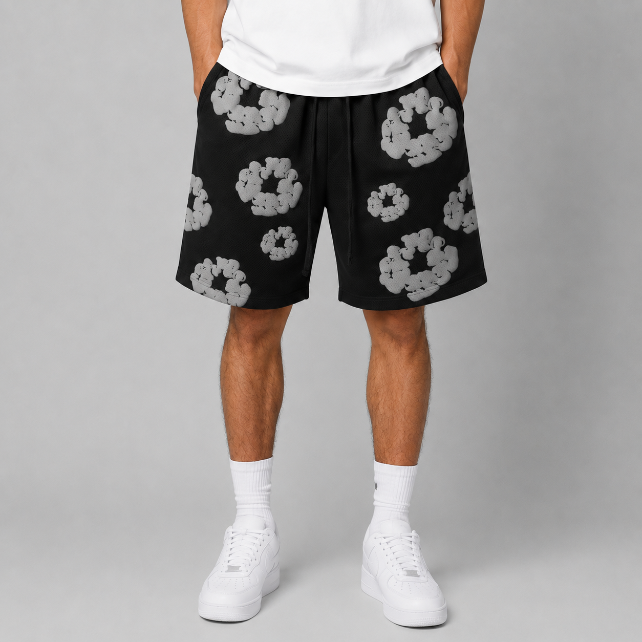 Black Grey Puff Floral mesh shorts - flat-lay view