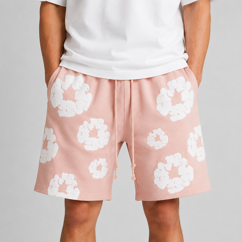 Peach Camo Black Floral mesh shorts - close-up view