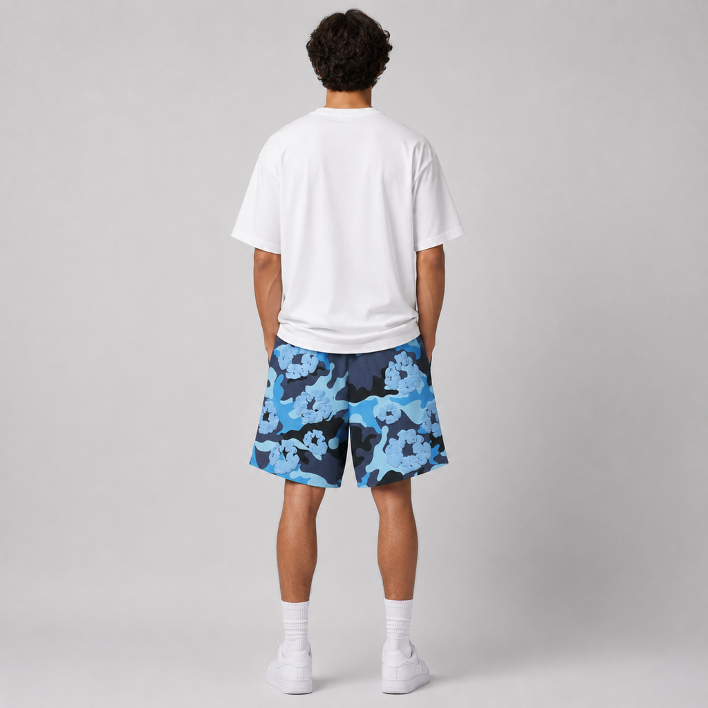 Blue Camo Black Floral mesh shorts - back view