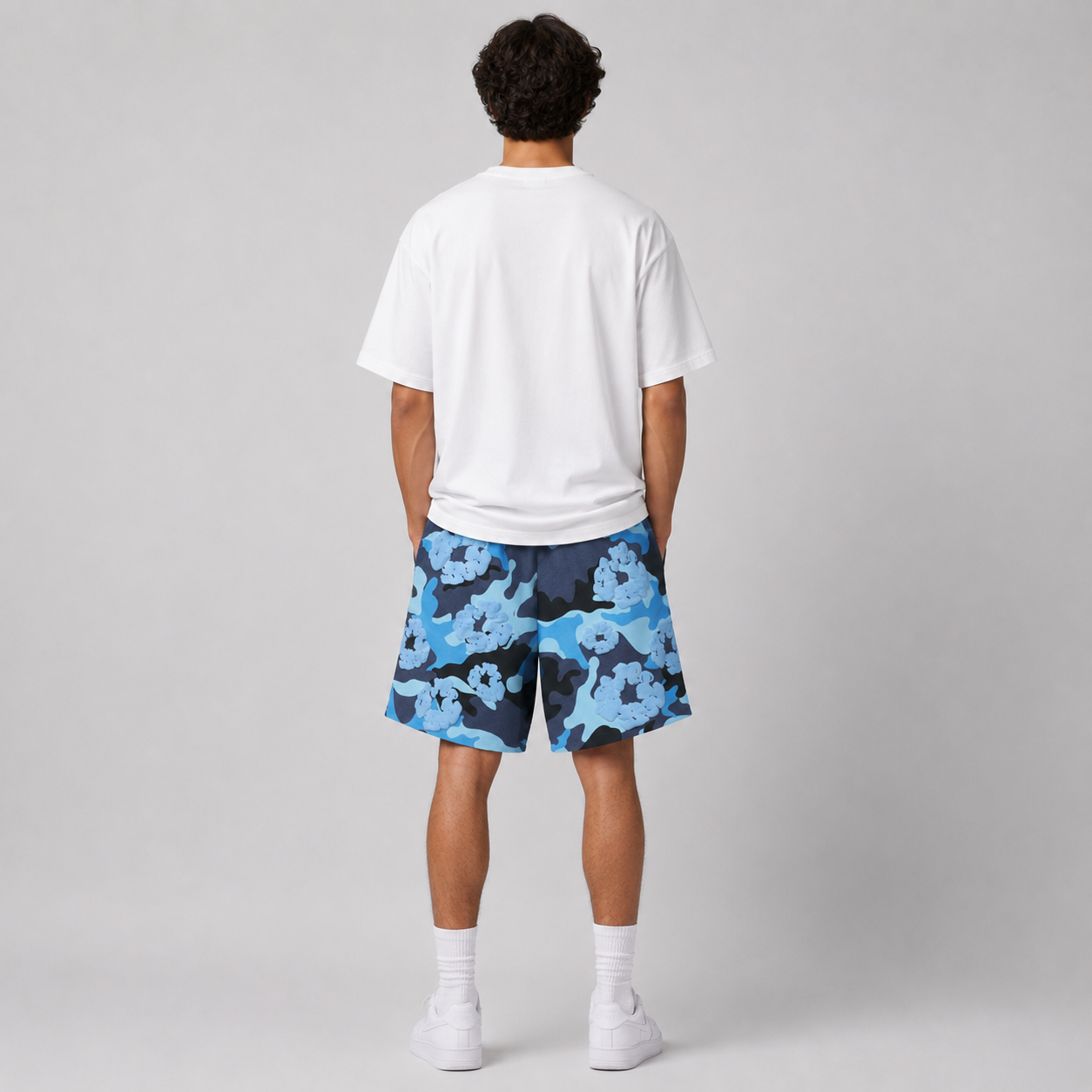 Blue Camo Black Floral mesh shorts - back view