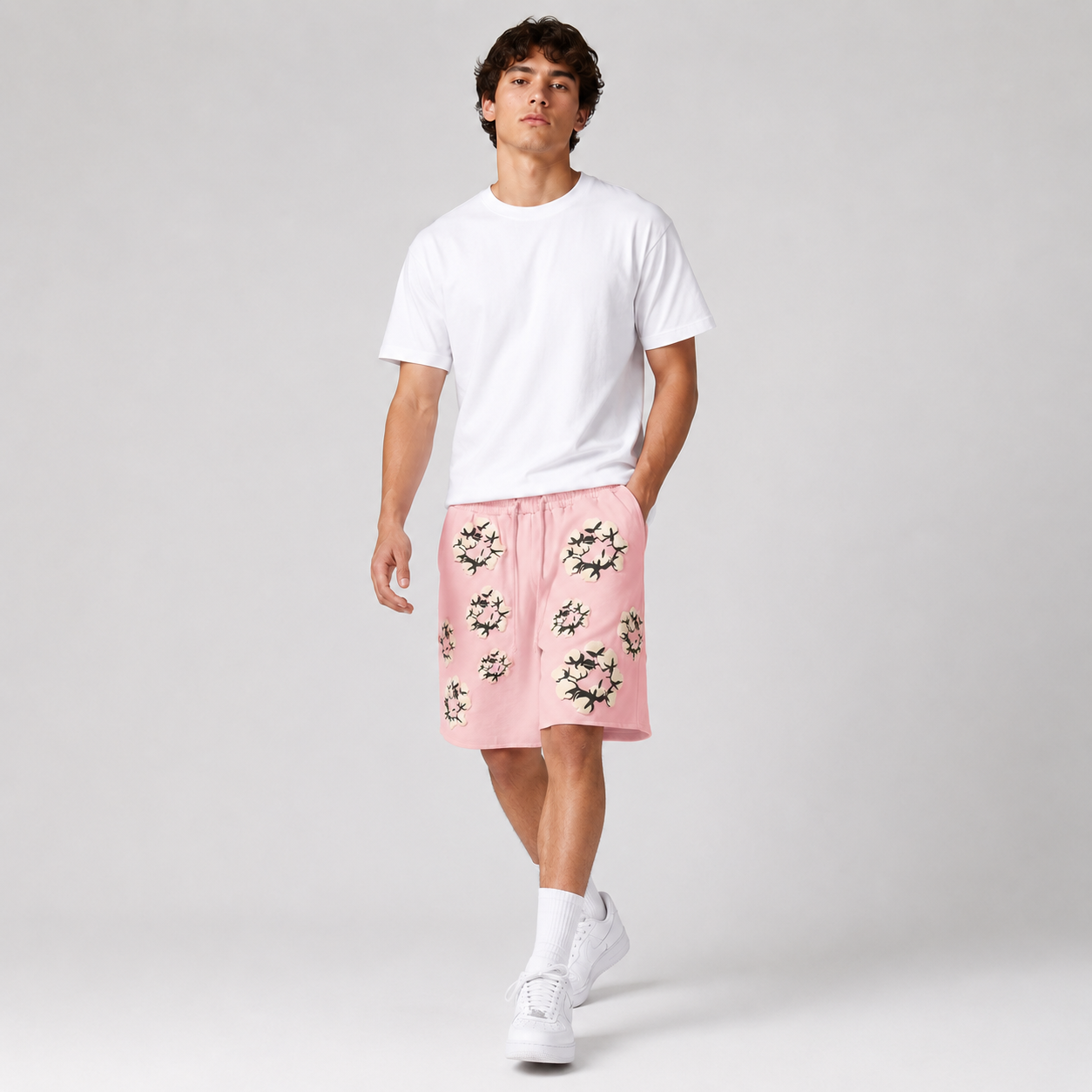Pink Cream Floral mesh shorts - walking view