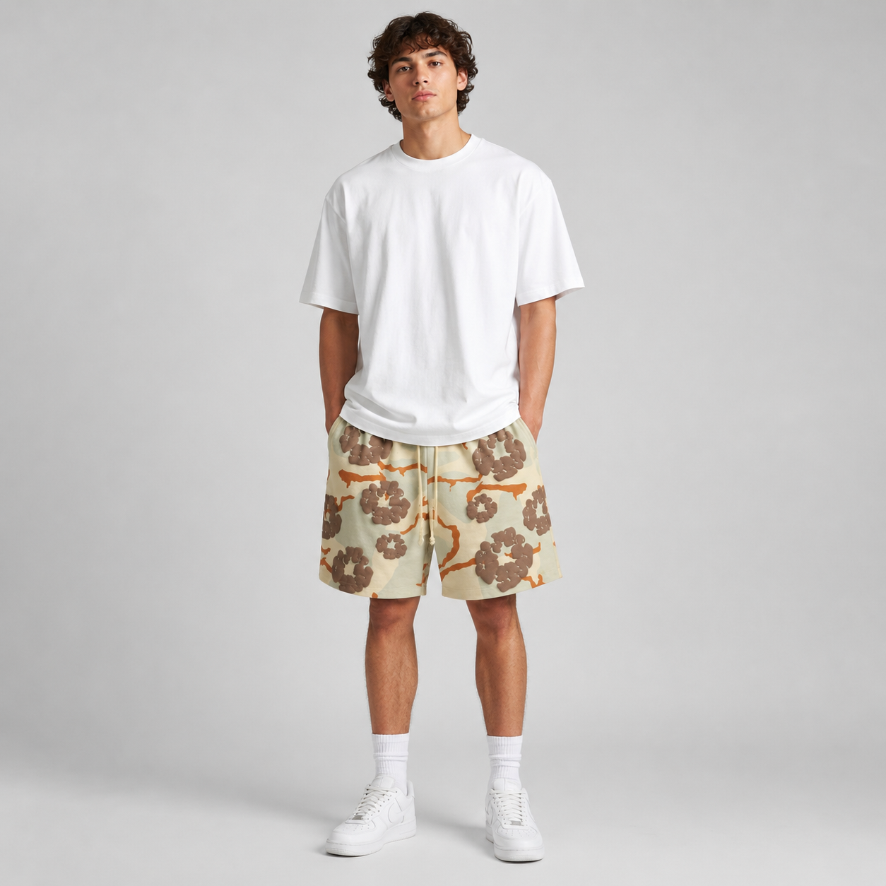 Tan Brown Camo Graphic mesh shorts - front view