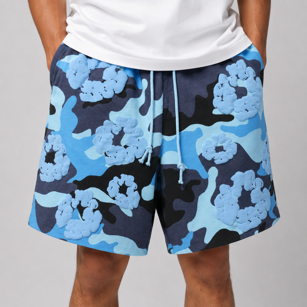 Blue Camo Black Floral mesh shorts - close-up view