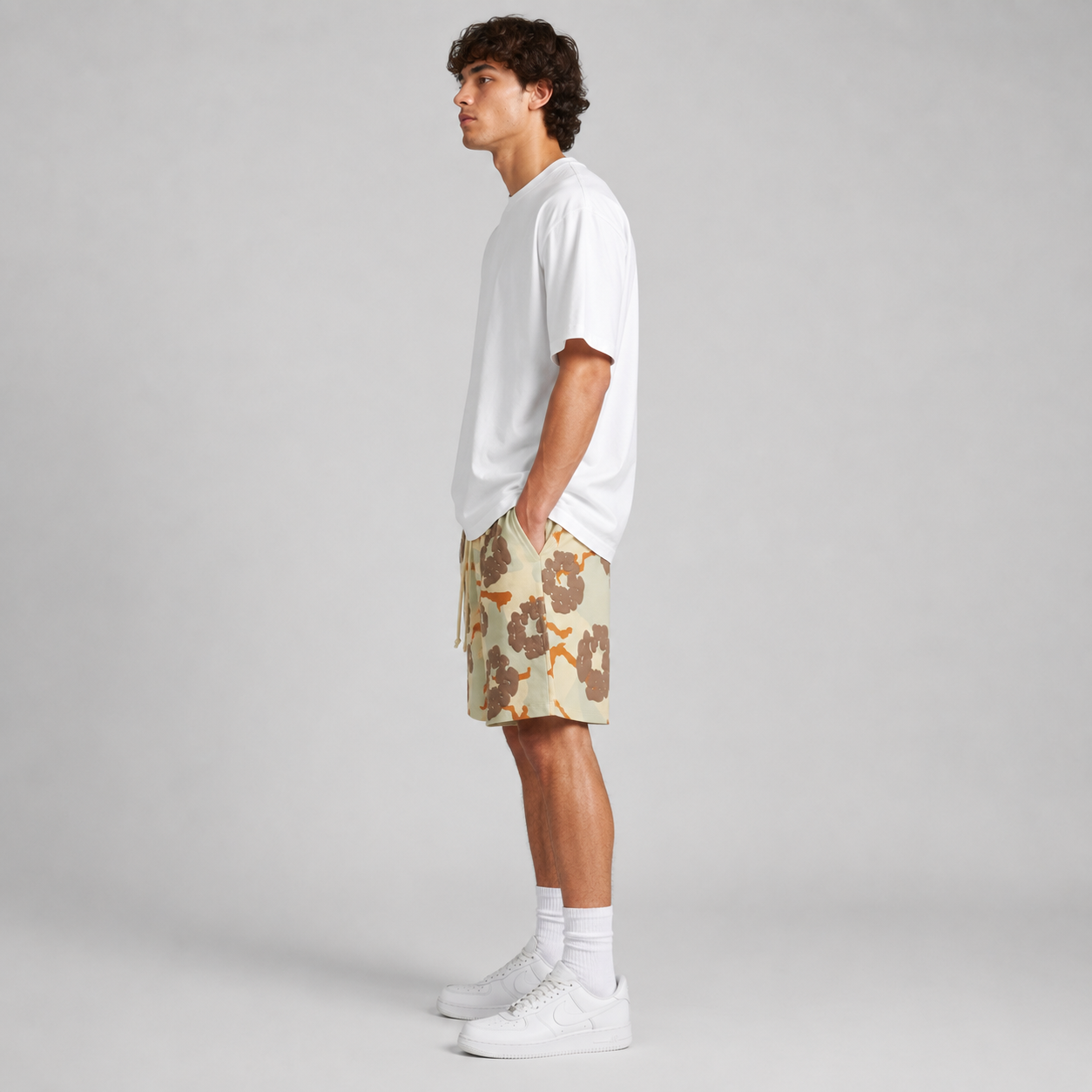 Tan Brown Camo Graphic mesh shorts - side view