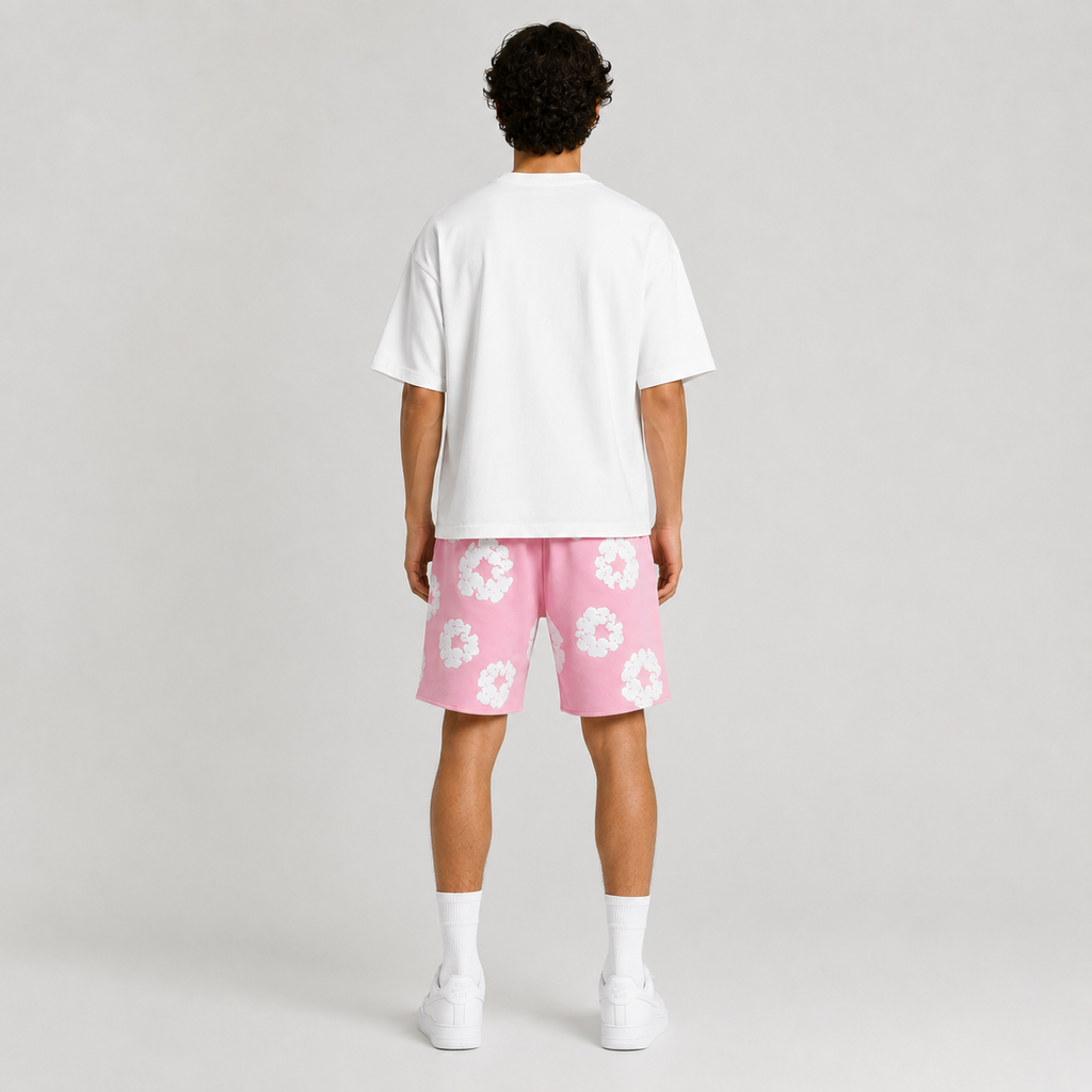 Pink White Puff Floral men's mesh shorts - back view