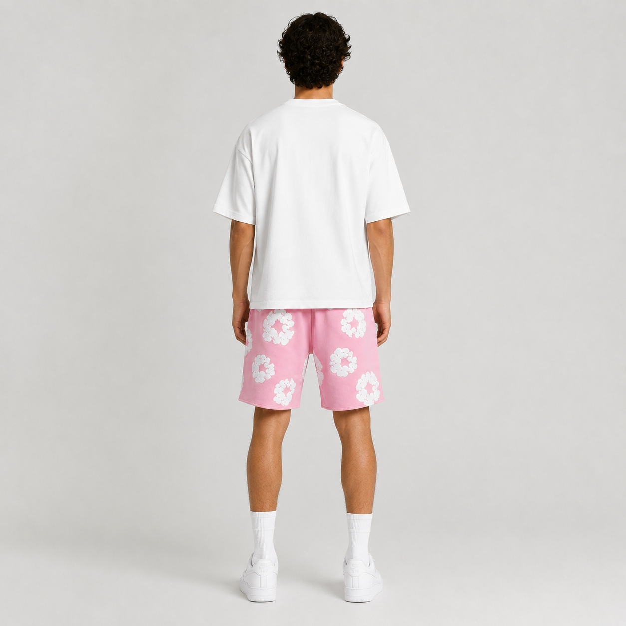 Pink White Puff Floral men's mesh shorts - back view
