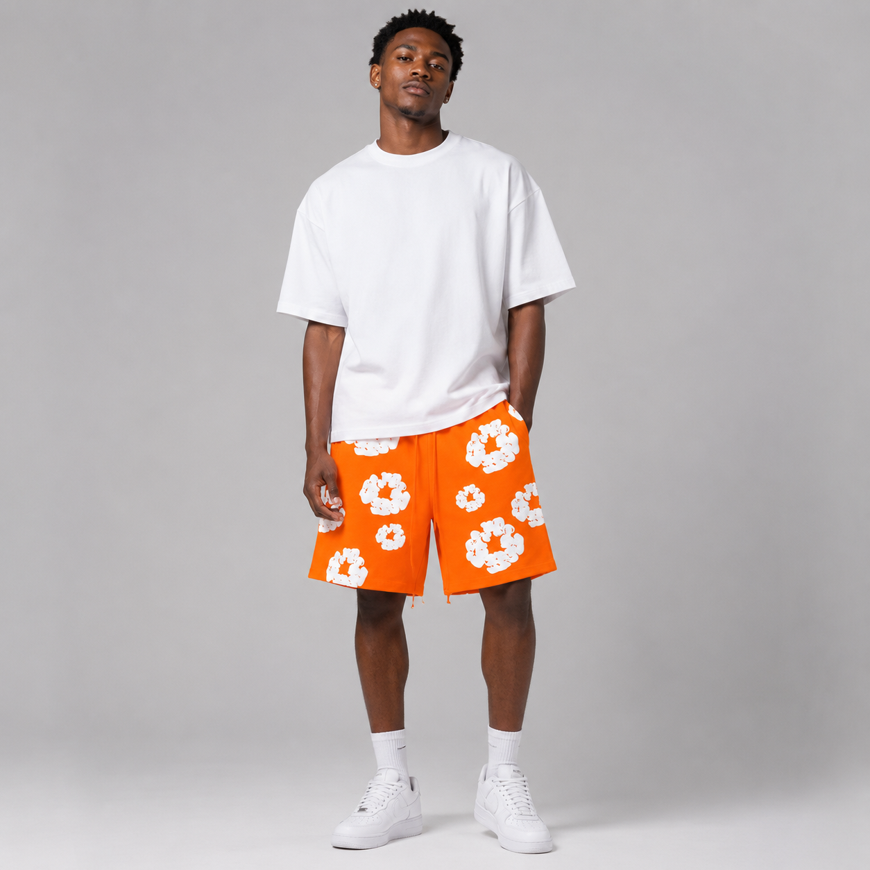 Orange White Puff Floral mesh shorts - front view