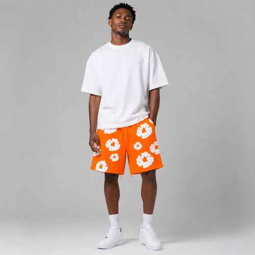Orange White Puff Floral mesh shorts - front view