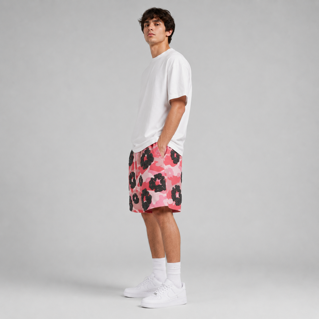 Pink Camo Black Floral mesh shorts - side view