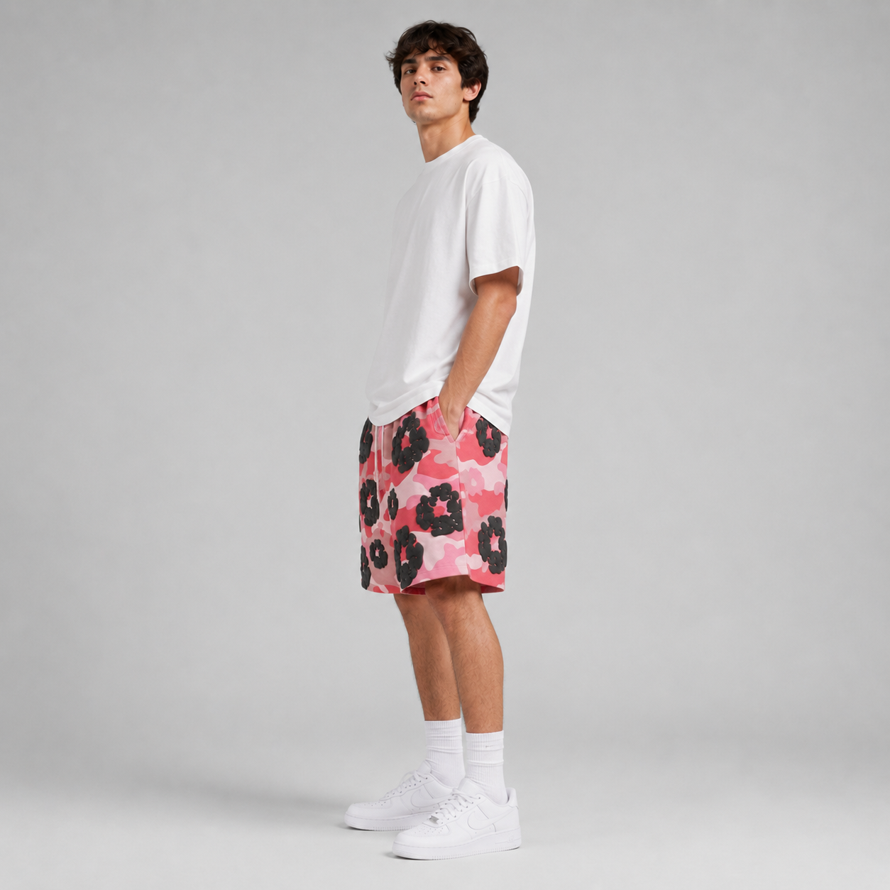Pink Camo Black Floral mesh shorts - side view