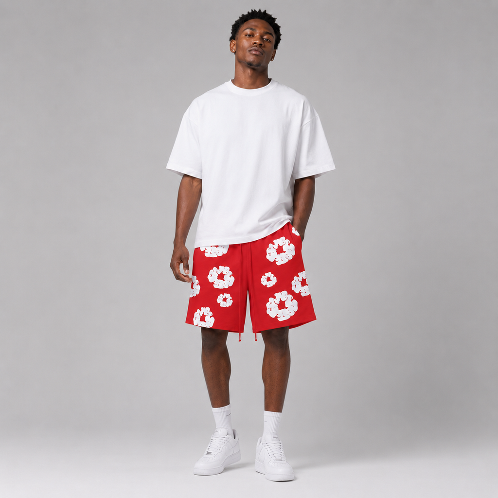 Red White Puff Floral mesh shorts - front view