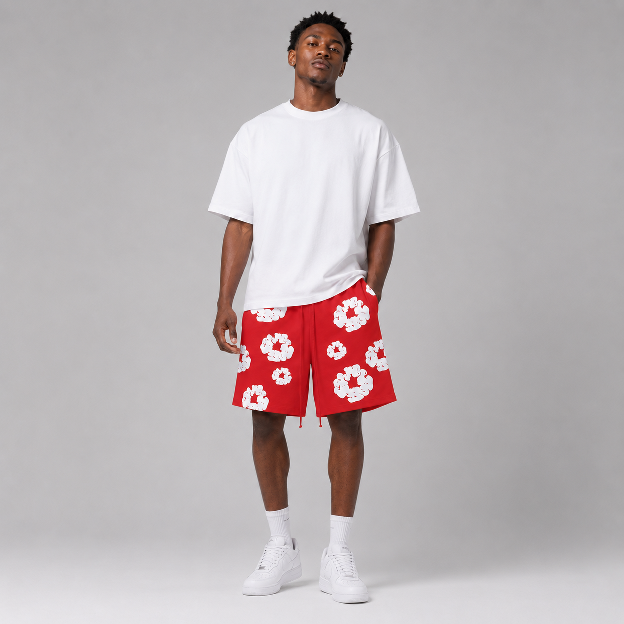 Red White Puff Floral mesh shorts - front view