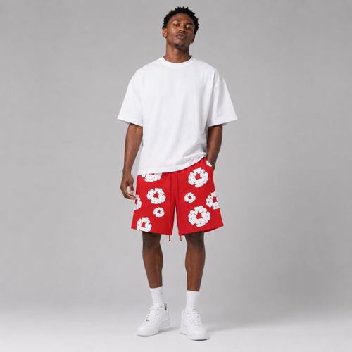 Red White Puff Floral mesh shorts - front view