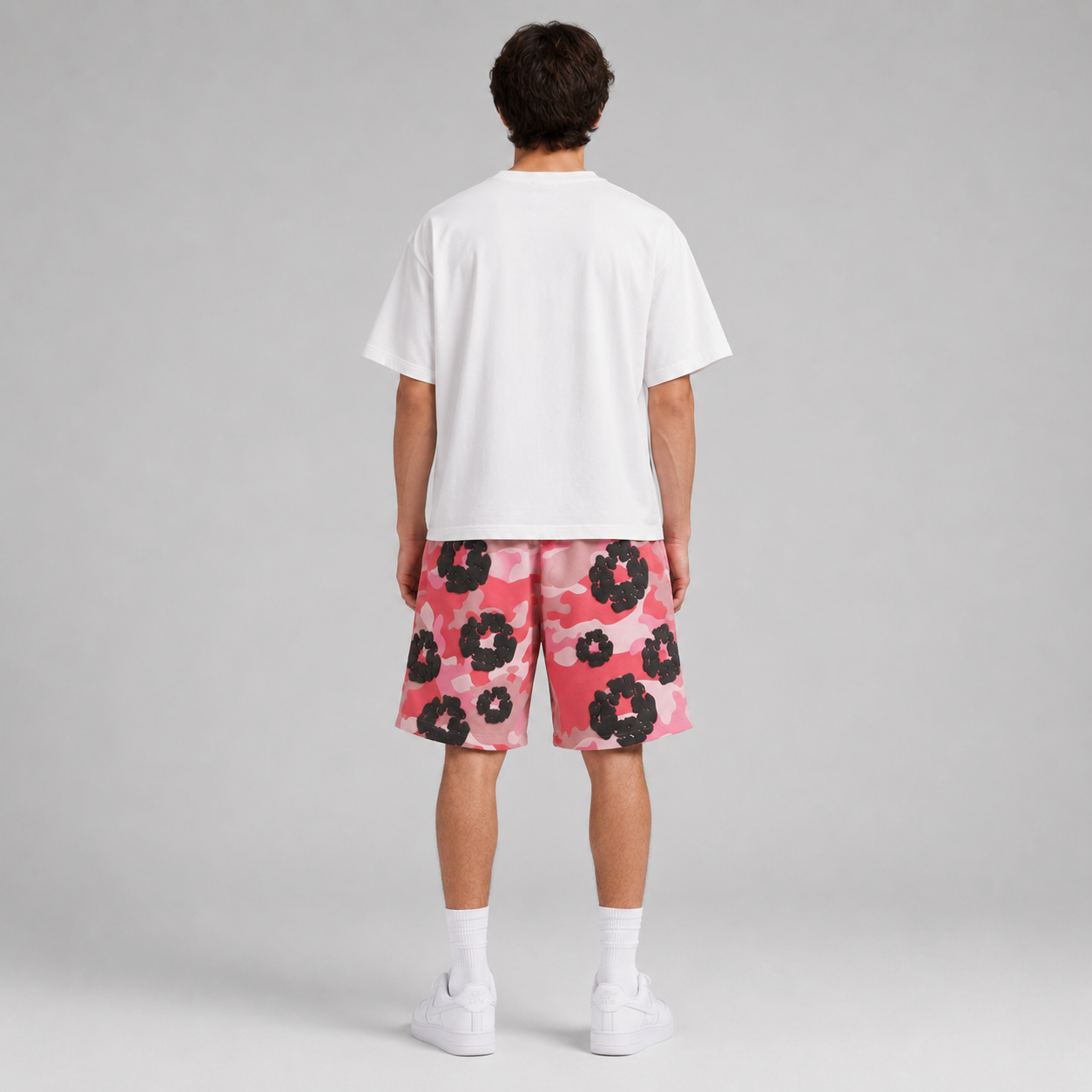 Pink Camo Black Floral mesh shorts - back view