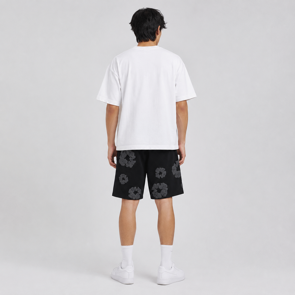 Black Grey Tonal Puff Floral men's mesh shorts - back view