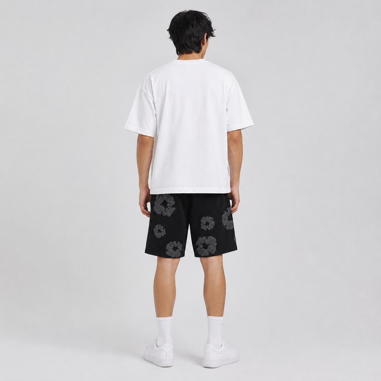 Black Grey Tonal Puff Floral men's mesh shorts - back view