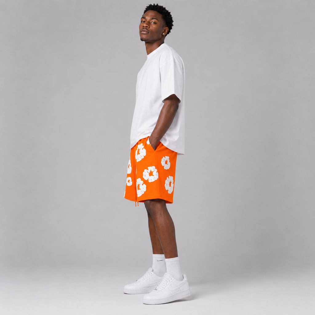 Orange White Puff Floral mesh shorts - side view