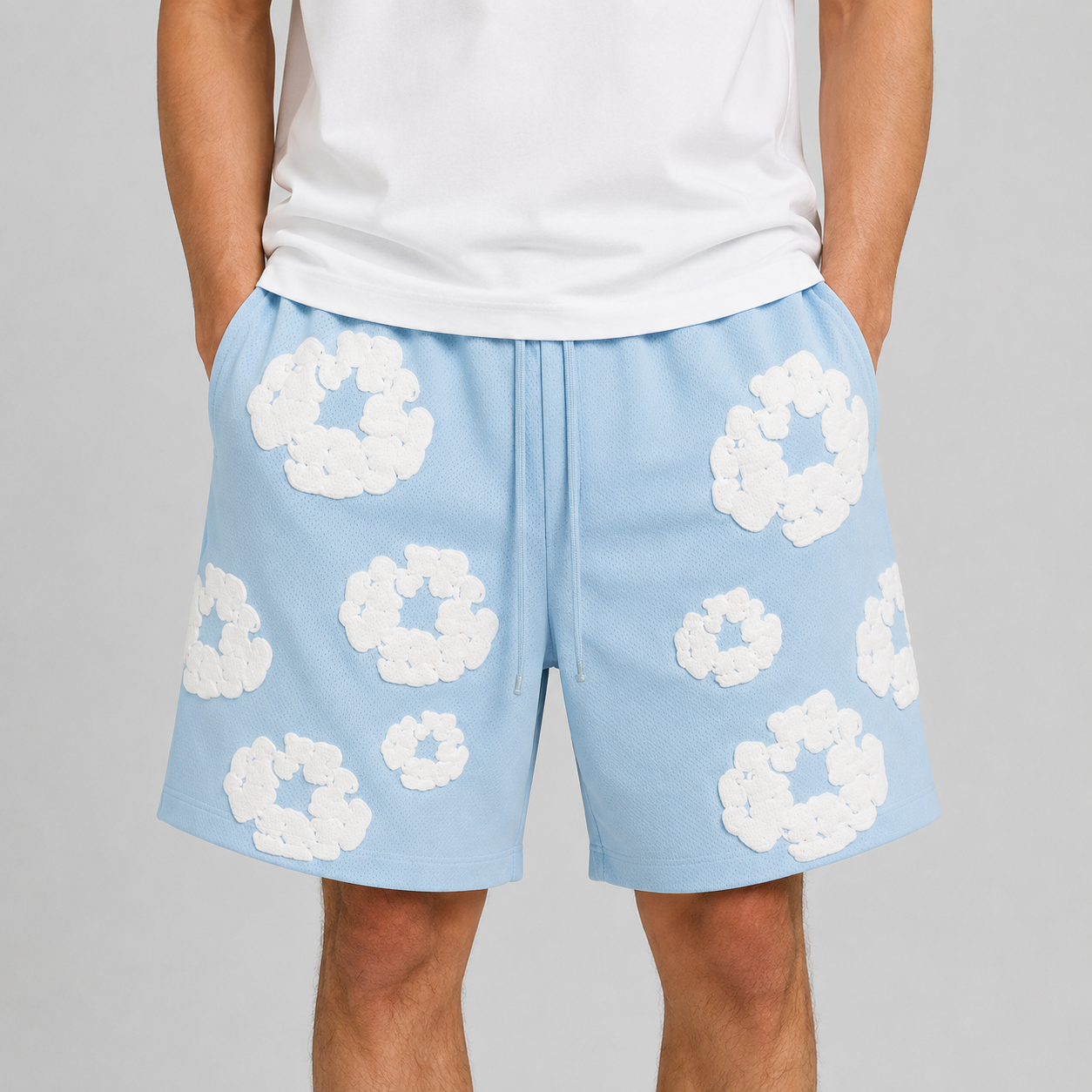 Royal Blue White Puff Floral mesh shorts - close-up view