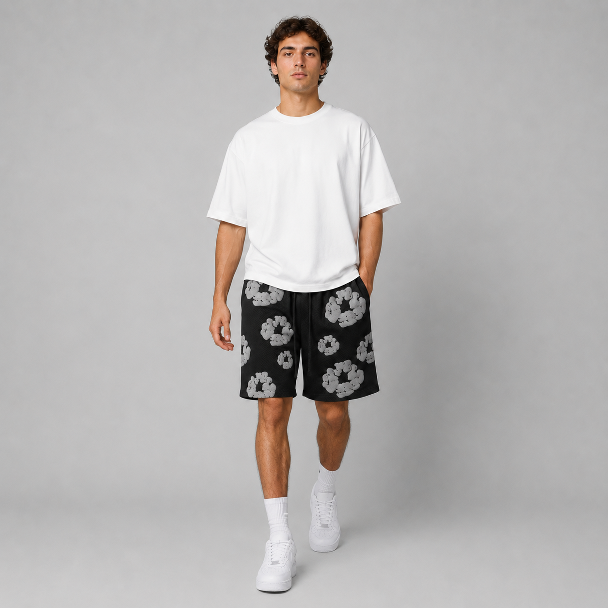 Black Grey Puff Floral mesh shorts - walking view