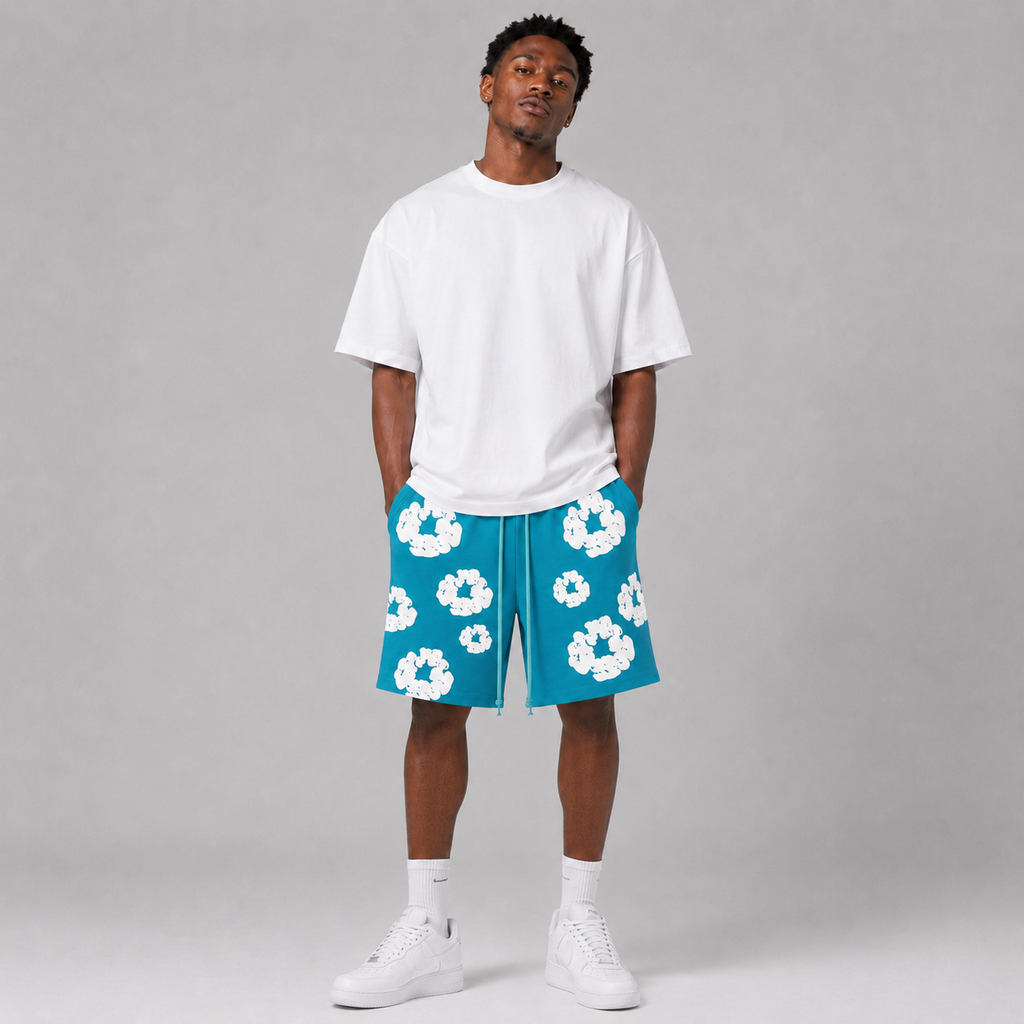 Teal White Puff Floral mesh shorts - close-up view