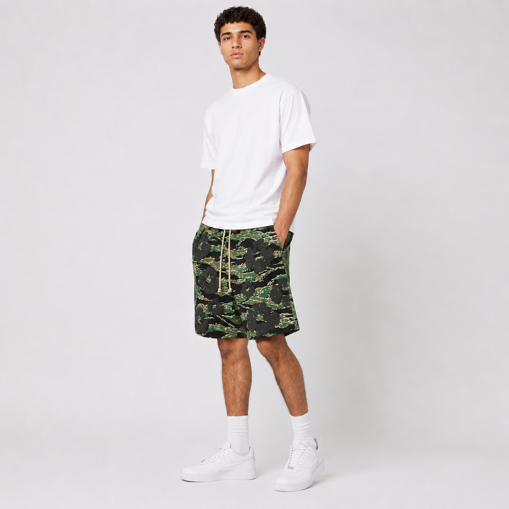 Army Camo Orange Graphic mesh shorts - close-up view