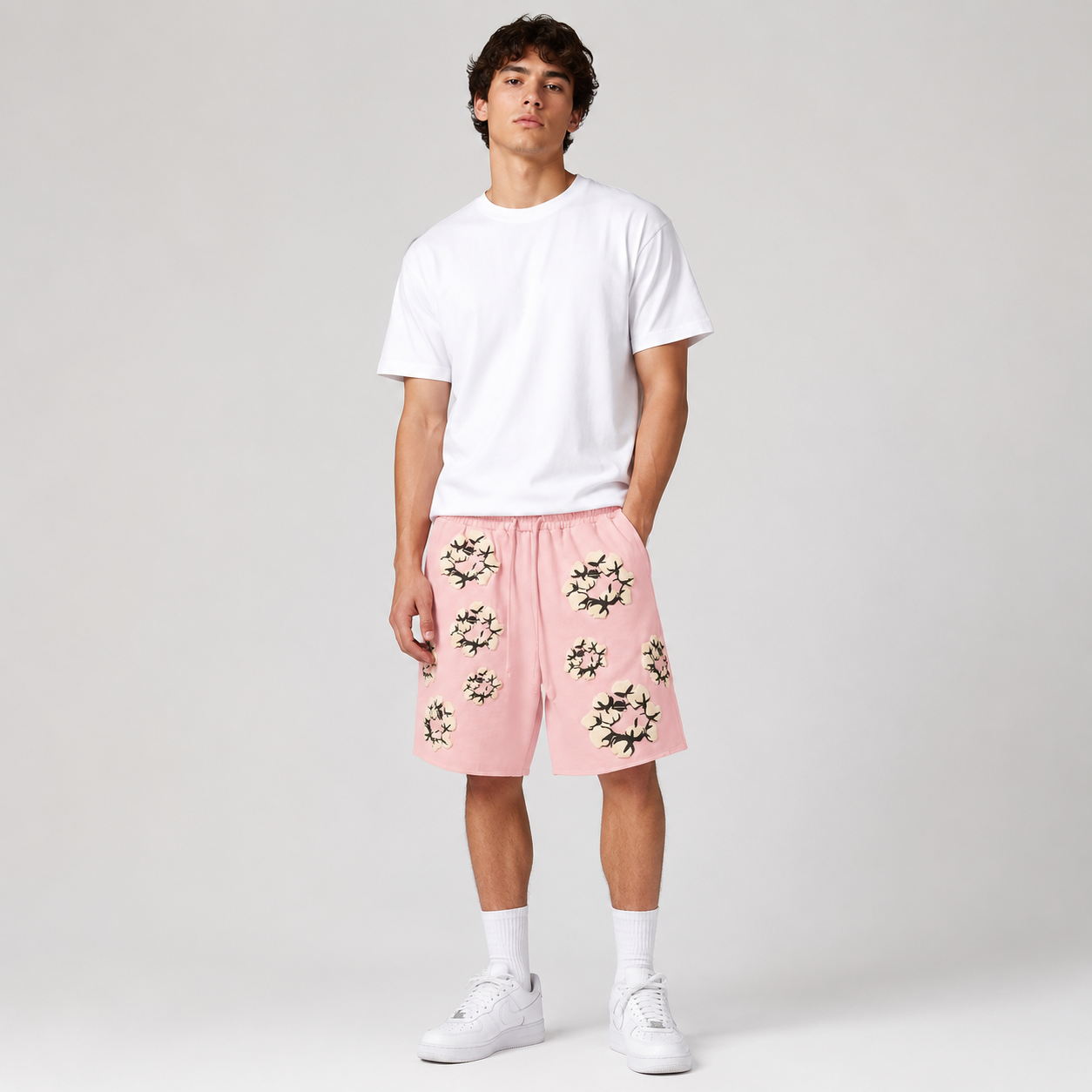 Pink Cream Floral mesh shorts - front view