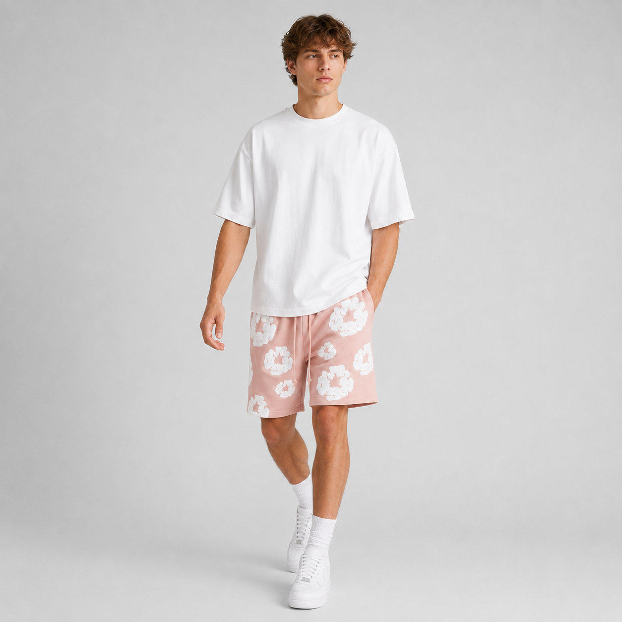 Peach Camo Black Floral mesh shorts - walking view