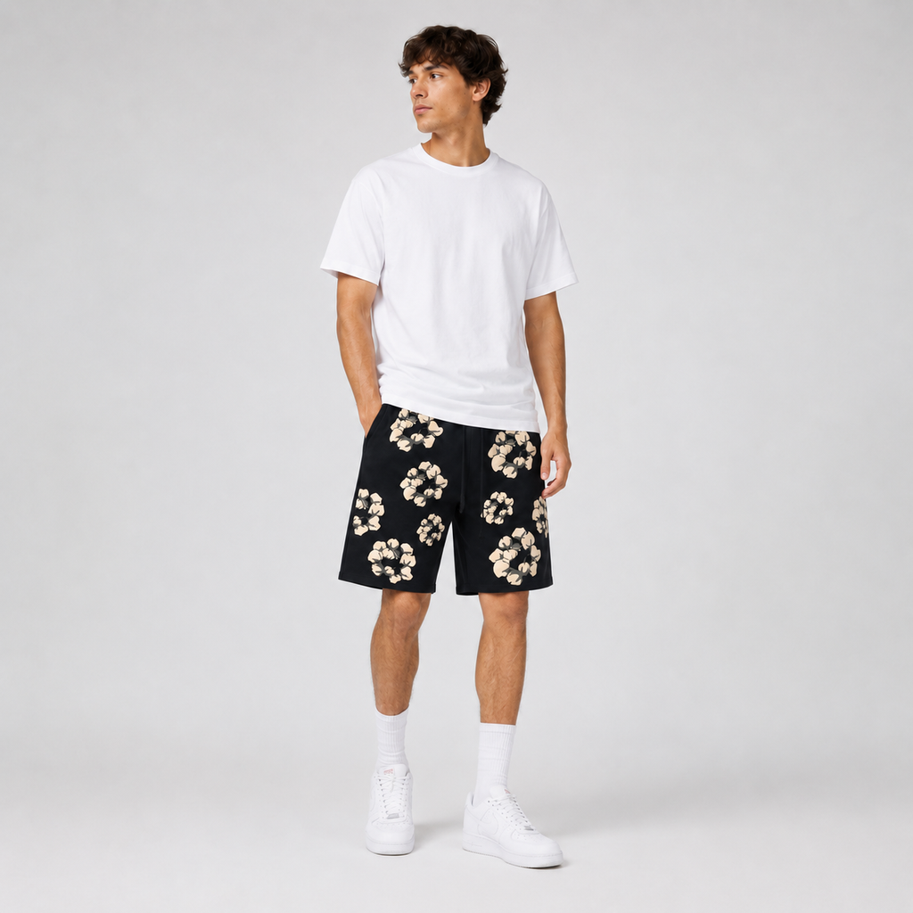 Black Cream Floral mesh shorts - close-up view