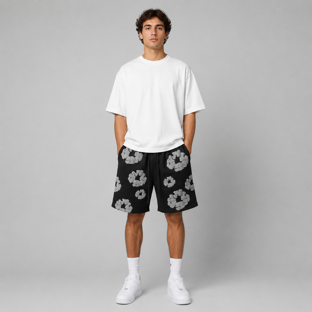 Black Grey Puff Floral mesh shorts - front view