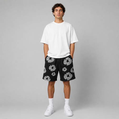 Black Grey Puff Floral mesh shorts - front view