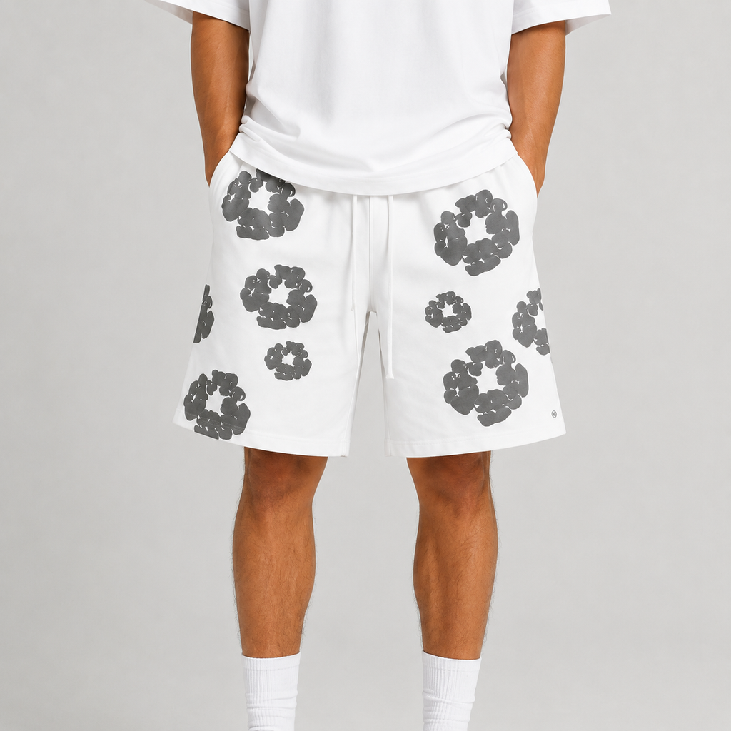 White Grey Puff Floral B mesh shorts - flat-lay view