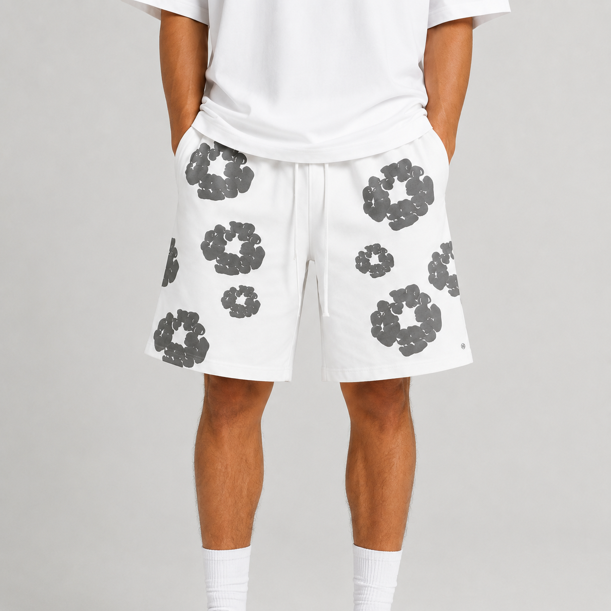 White Grey Puff Floral B mesh shorts - flat-lay view